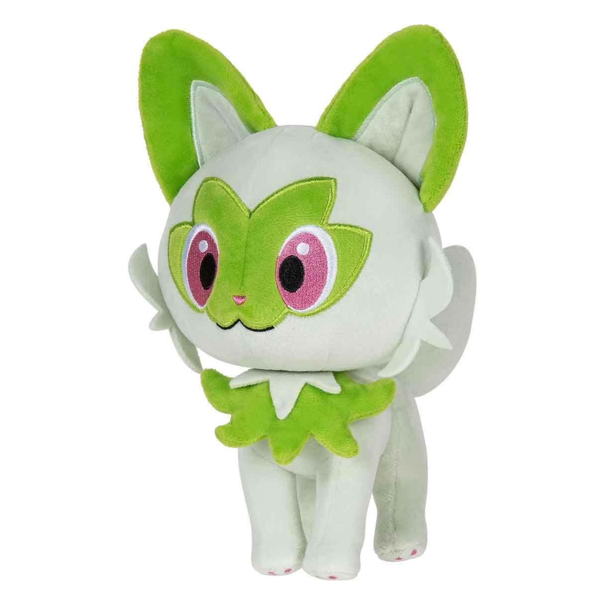 Sprigatito plush with Jazwares label shows official licensing.