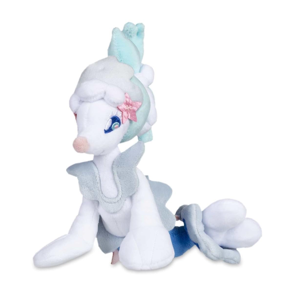 Pokémon Center Primarina Sitting Cuties Plush front view, weighted to sit upright on a desk.