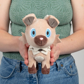 Rockruff plush toy inspired by anime and video games for fans.