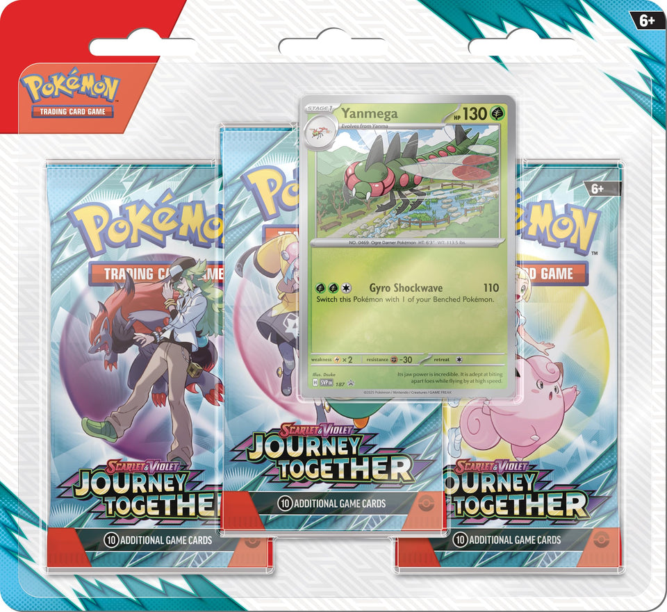 Pokemon Scarlet & Violet Journey Together three-booster Yanmega blister cover promotes exciting battles