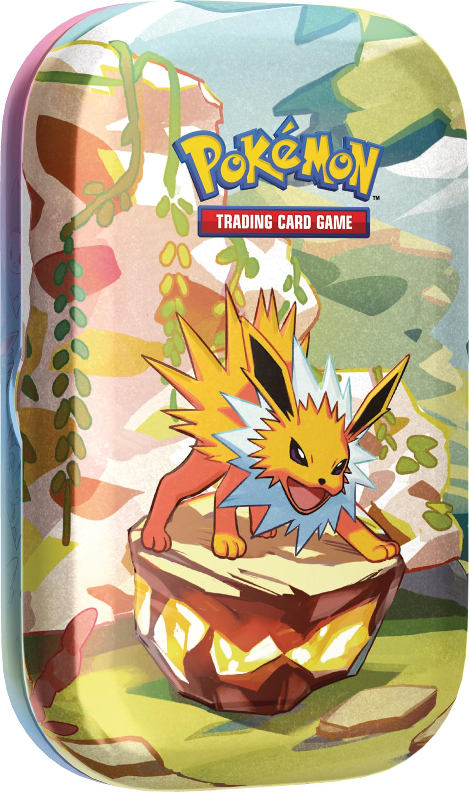 Pokémon TCG Jolteon mini tin front view with collectible art and portability.