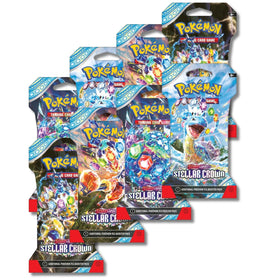 Pokemon Scarlet and Violet Stellar Crown boosters packs, showcasing variety for enhanced collection and trading.