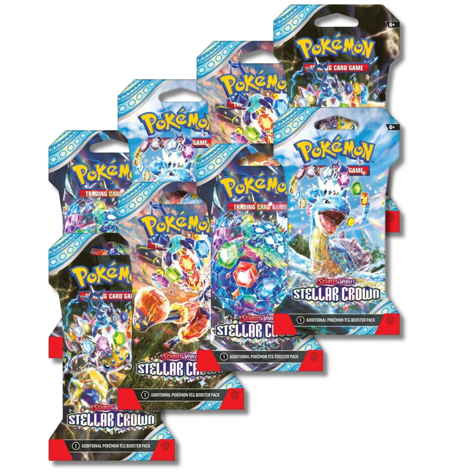 Pokemon Scarlet and Violet Stellar Crown boosters packs, showcasing variety for enhanced collection and trading.
