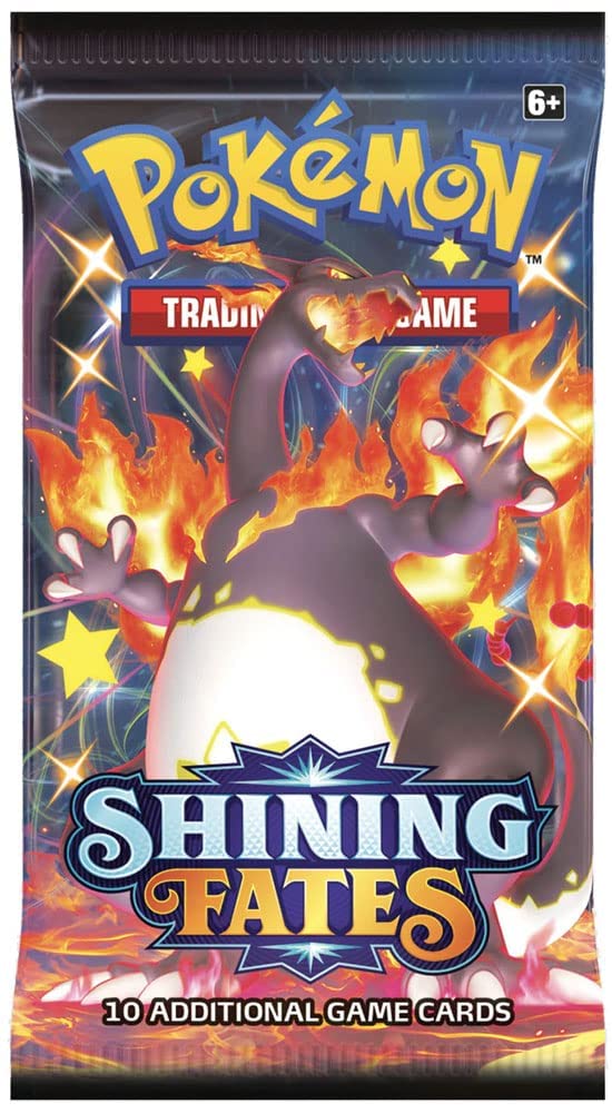 Pokemon Shining Fates booster pack contents spread highlighting ten-card variety and shiny finds.