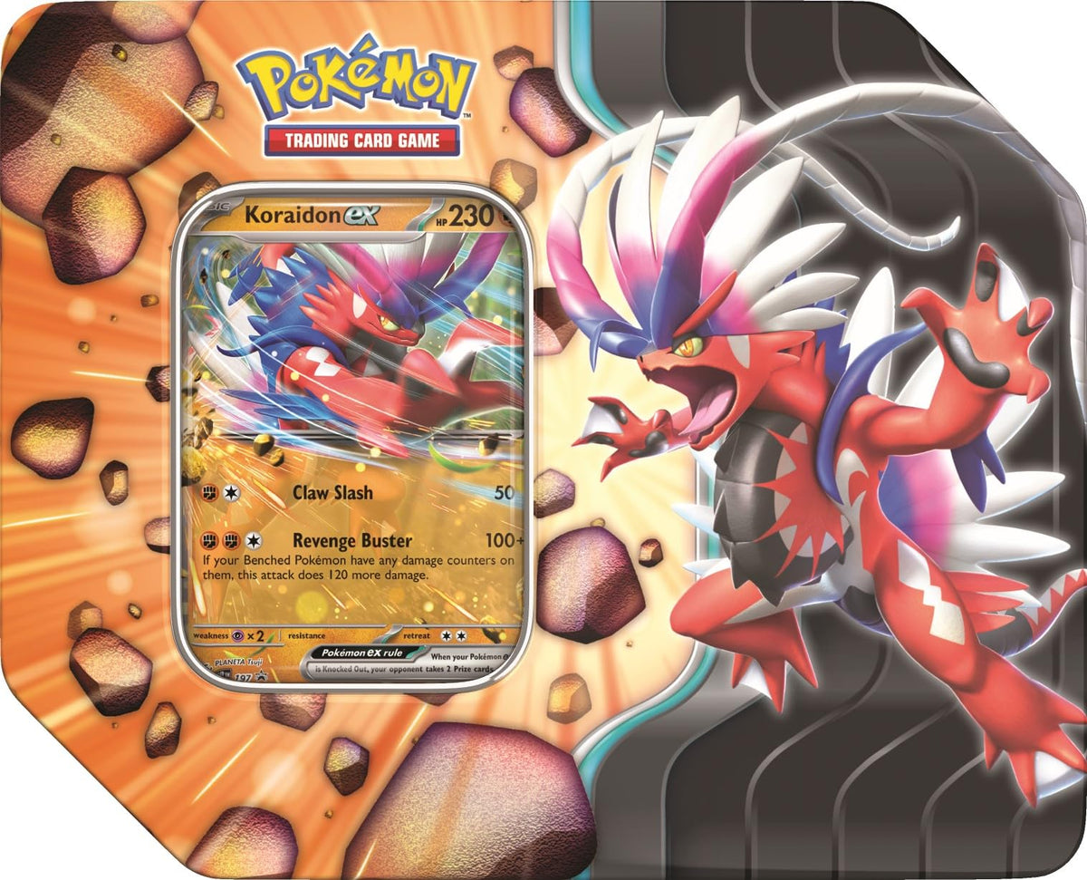 Pokémon Slashing Legends Tin front view with Zacian ex or Koraidon ex promo