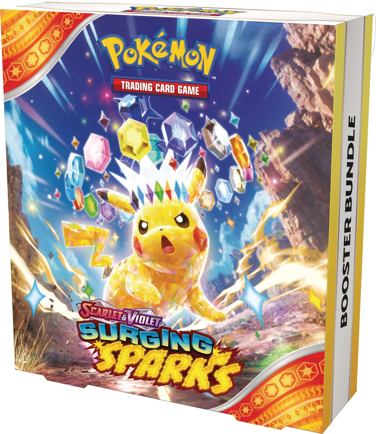 Pokémon Surging Sparks booster pack art spread—collectors' ex cards hopeful