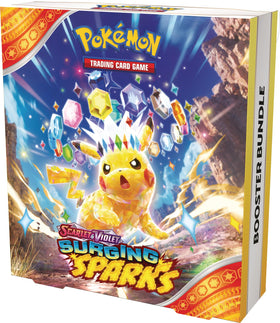 Pokémon Surging Sparks booster pack art spread—collectors' ex cards hopeful