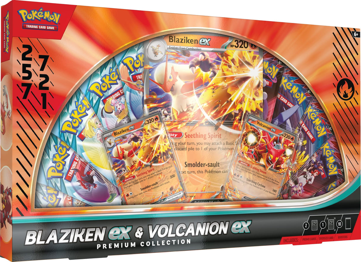 Promotional foil cards featuring Blaziken ex and Volcanion ex for collectors.