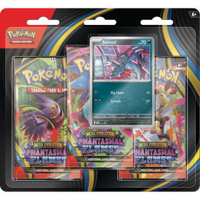 Pokemon TCG Mega Evolutions Phantasmal Flames blister shows three booster packs for exciting battles