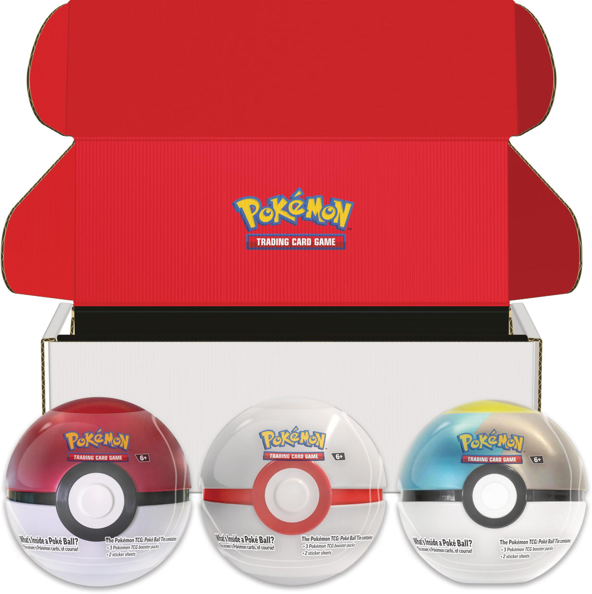 Pokémon TCG Poké Ball Tin 3-Pack Bundle with booster packs and stickers for collection and gifting.