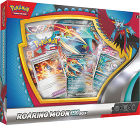 Pokémon Roaring Moon ex box with foil promo card, ideal for collection and trading.