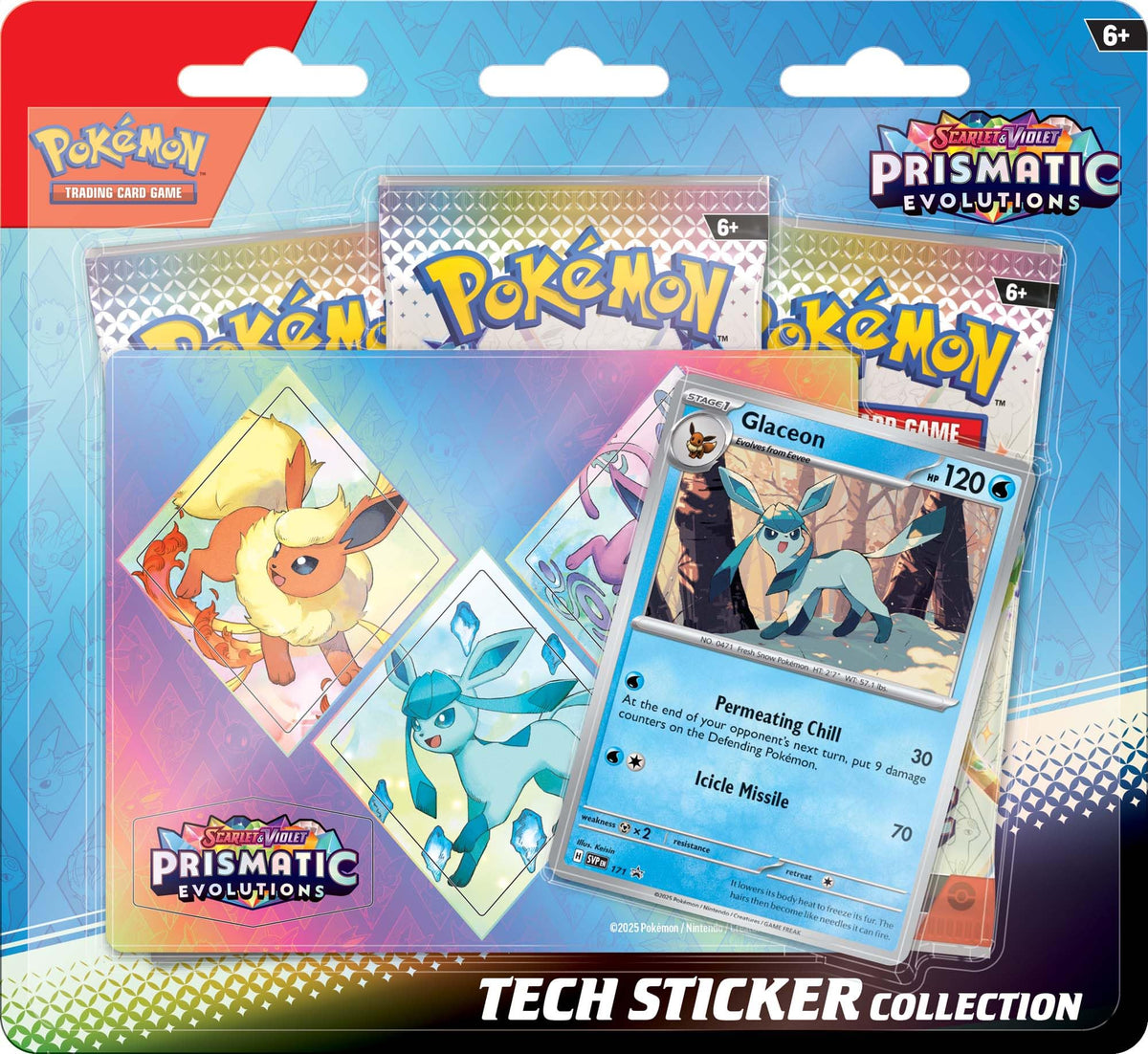 Pokémon TCG Scarlet & Violet Prismatic Evolutions tech sticker collection artwork highlights Eevee evolutions for collectors.