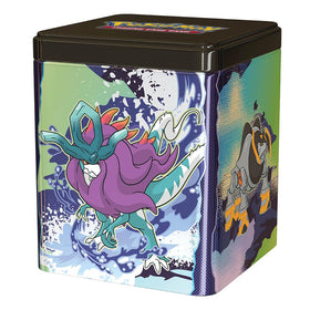 Pokémon TCG Stacking Tin front view showing collectible design and stackable storage
