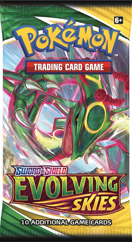 Pokemon TCG Sword & Shield Evolving Skies booster pack with ten cards for collecting and deck building.