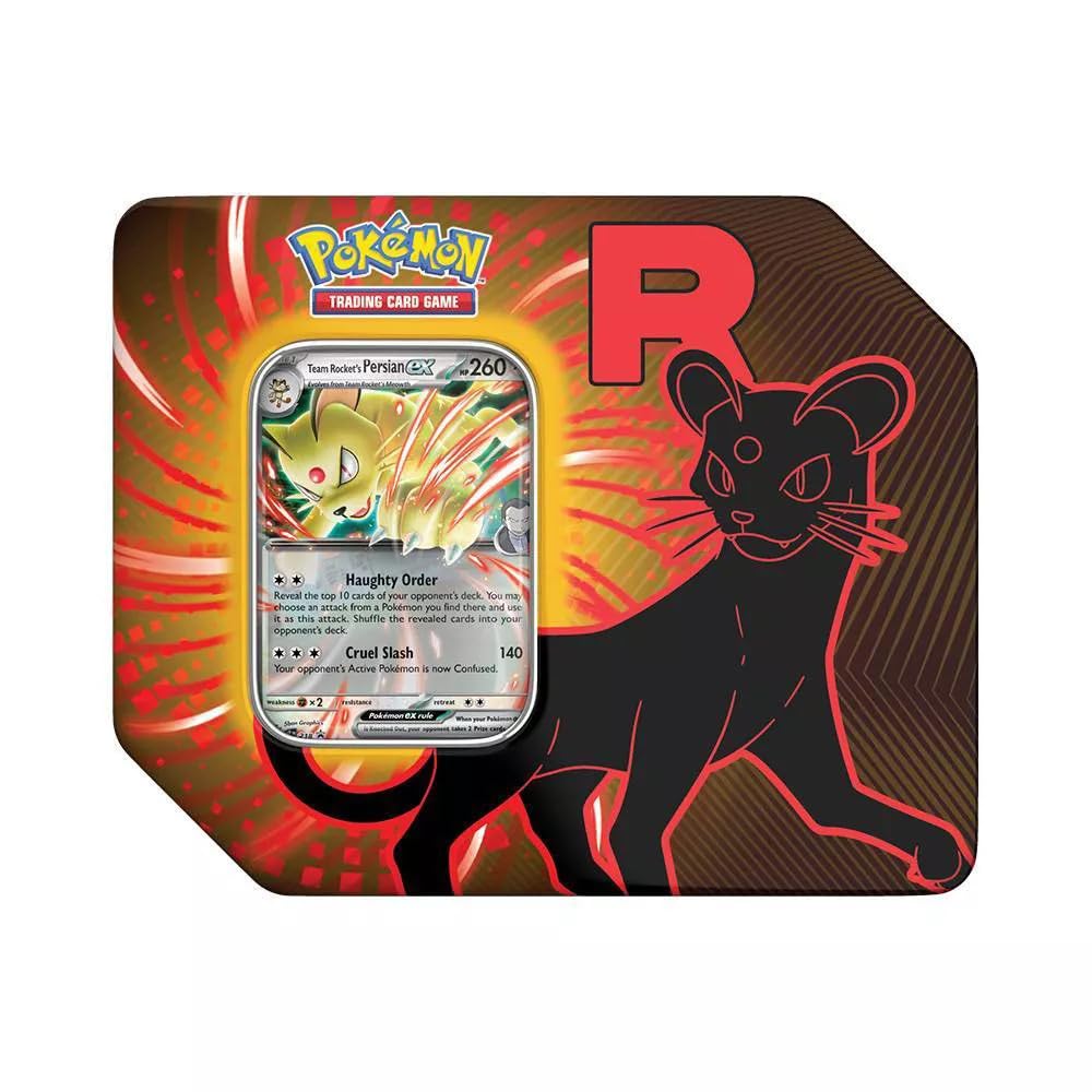 Pokémon Team Rocket collector tin contents with booster packs and exclusive promo card for collectors