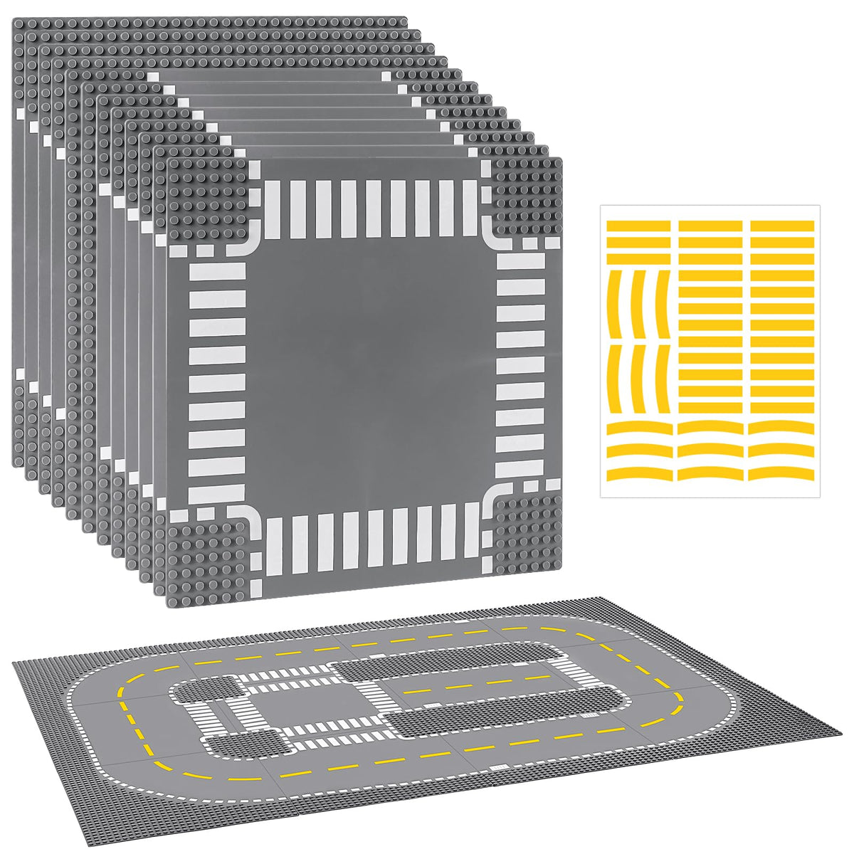 Pokiiulk 12-pack road baseplates 10x10 offer a sturdy surface for Lego road layouts.