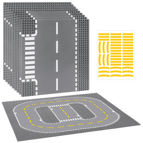 Pokiiulk 9-pack road baseplates corner view for versatile city layouts with compatible bricks.