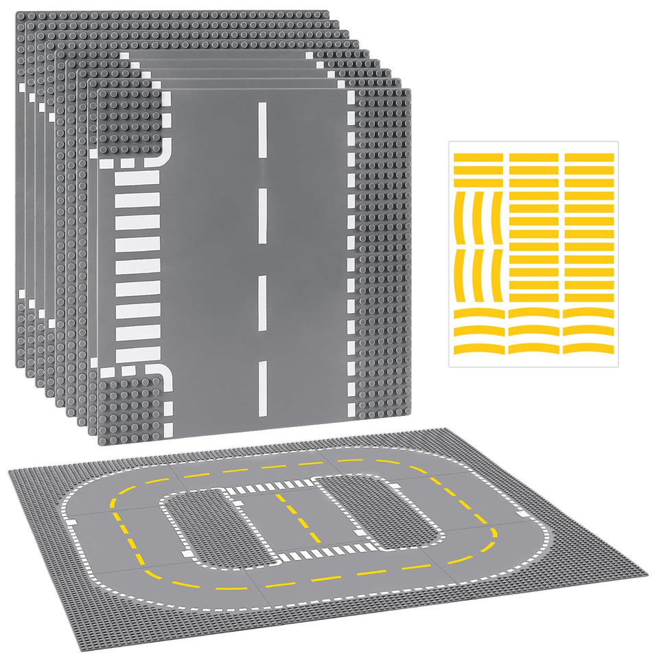 Pokiiulk 9-pack road baseplates corner view for versatile city layouts with compatible bricks.