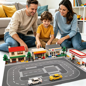 Pokiiulk road baseplates enable imaginative street layouts for LEGO-compatible builds.