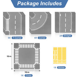 Pokiiulk corner pieces for road baseplates help frame city intersections.