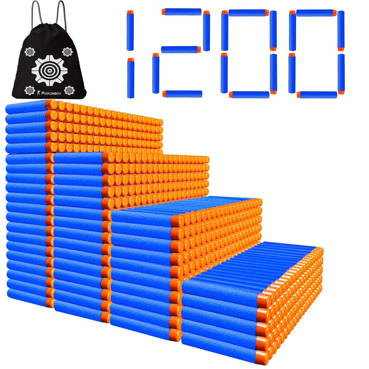 POKONBOY 1200-pack refill darts in storage bag for Nerf battles.
