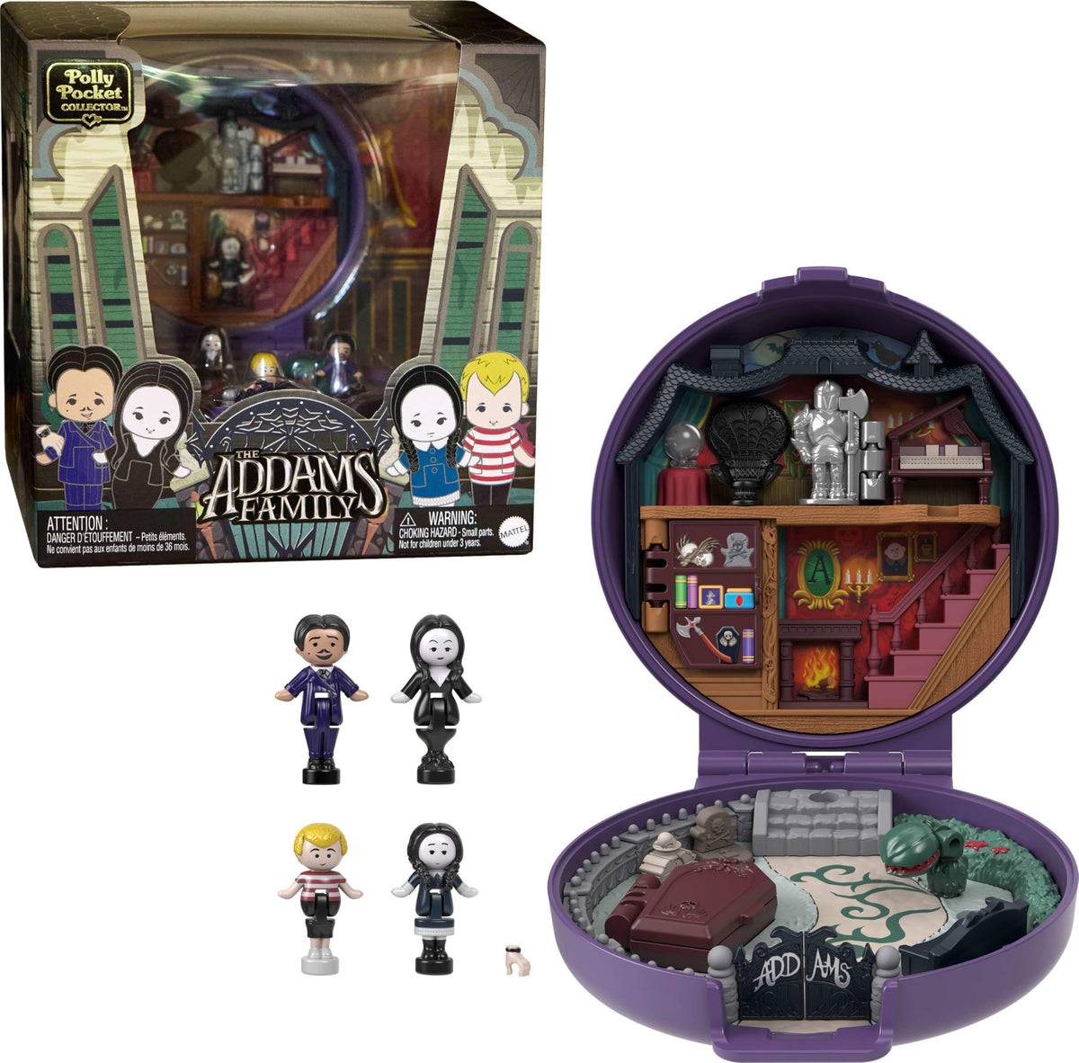 Polly Pocket Addams Collector Compact with lenticular exterior for spooky display and play