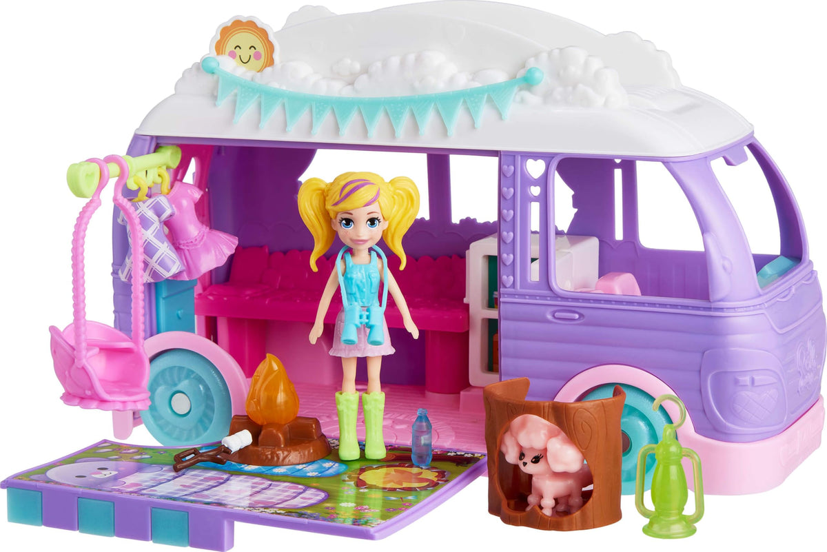 Polly Pocket glamping camper exterior with camping rack for imaginative play.