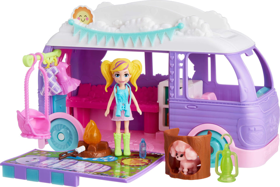 Polly Pocket glamping camper exterior with camping rack for imaginative play.