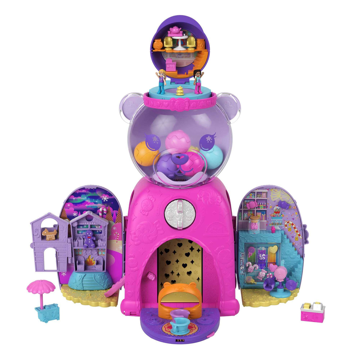 Polly Pocket Gumball Bear Playset includes micro dolls and a pop-up cash register.