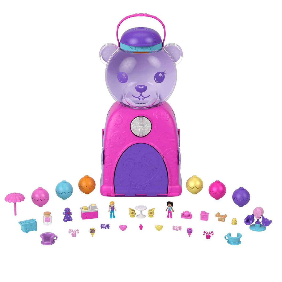 Polly Pocket Gumball Bear Playset front panel with candy wheel for interactive pretend play.