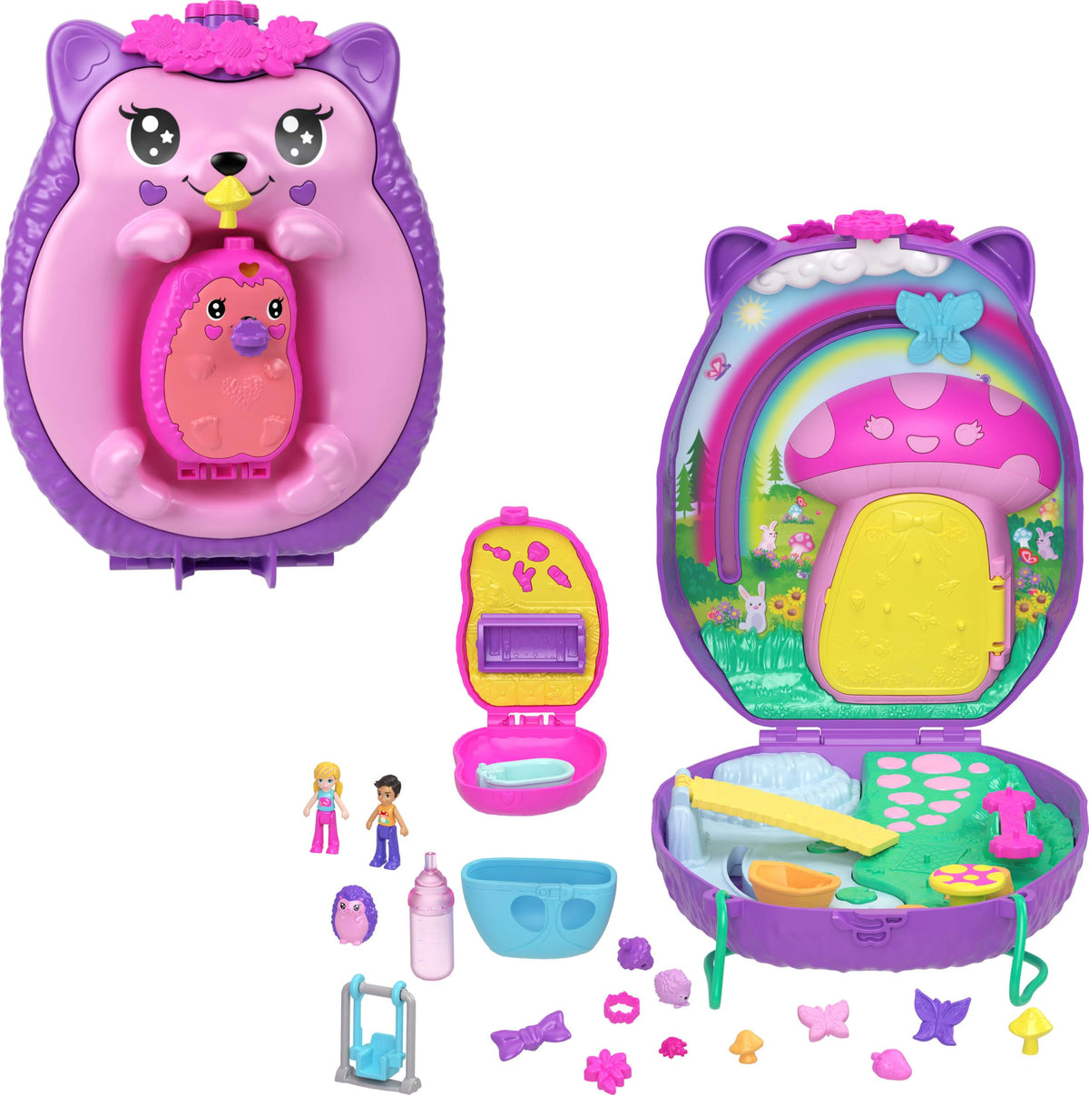 Polly Pocket Hedgehog Purse Open shows two play worlds for portable fun.