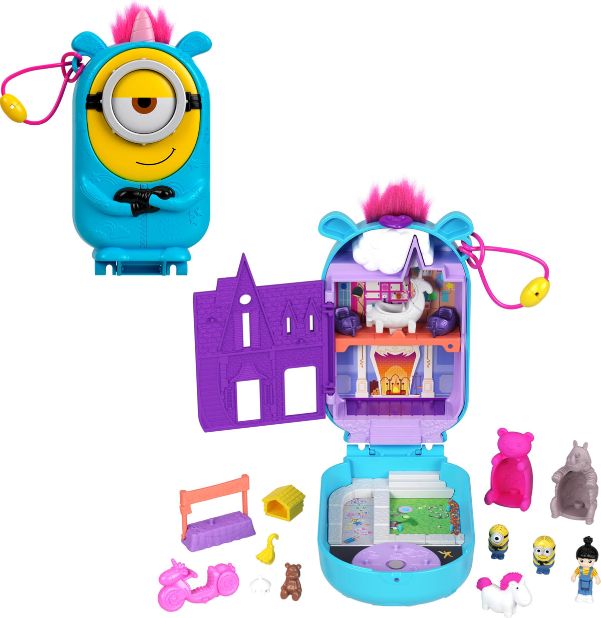 Polly Pocket Minions pink tufted exterior opens to Gru's home for imaginative play