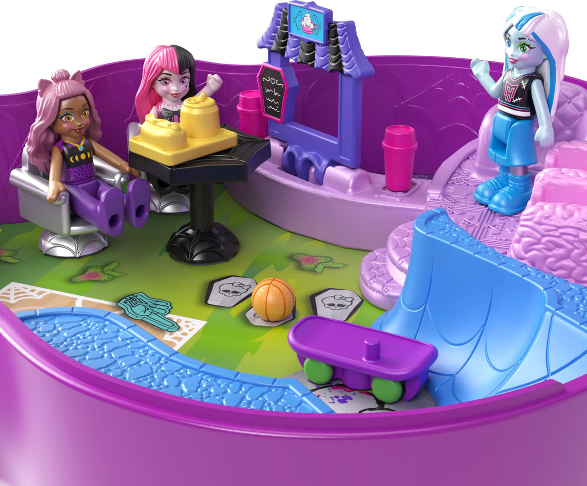 Polly Pocket Monster High playset skatepark invites quick tricks and social play on the go.