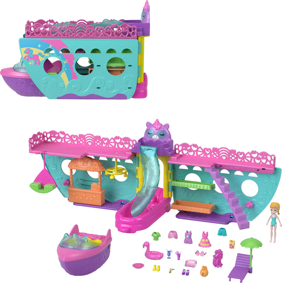 Polly Pocket Unicorn Dream Cruise houseboat opened for imaginative play and multiple zones.