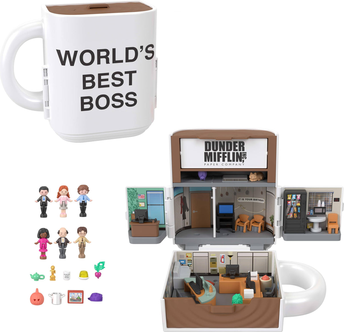 Polly Pocket Office mug exterior reveals six micro dolls for display and play.