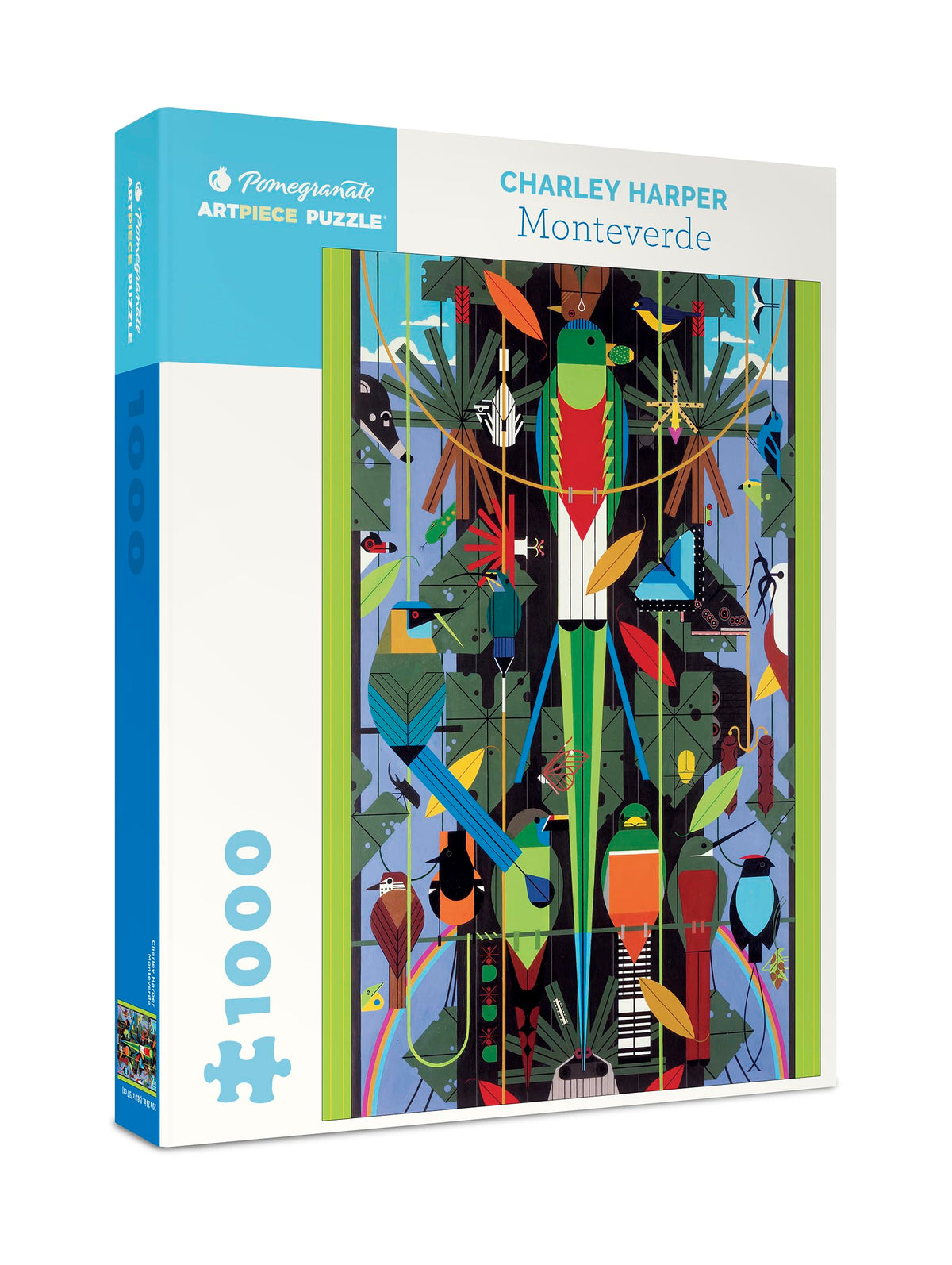 Pomegranate 1000-piece puzzle box with Charley Harper Monteverde art for mindful recreation.