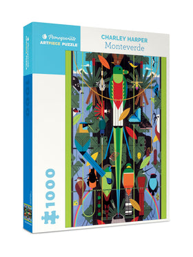 Pomegranate 1000-piece puzzle box with Charley Harper Monteverde art for mindful recreation.