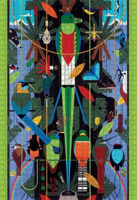 Pomegranate assembled Charley Harper Monteverde puzzle finished for relaxing family puzzle time.