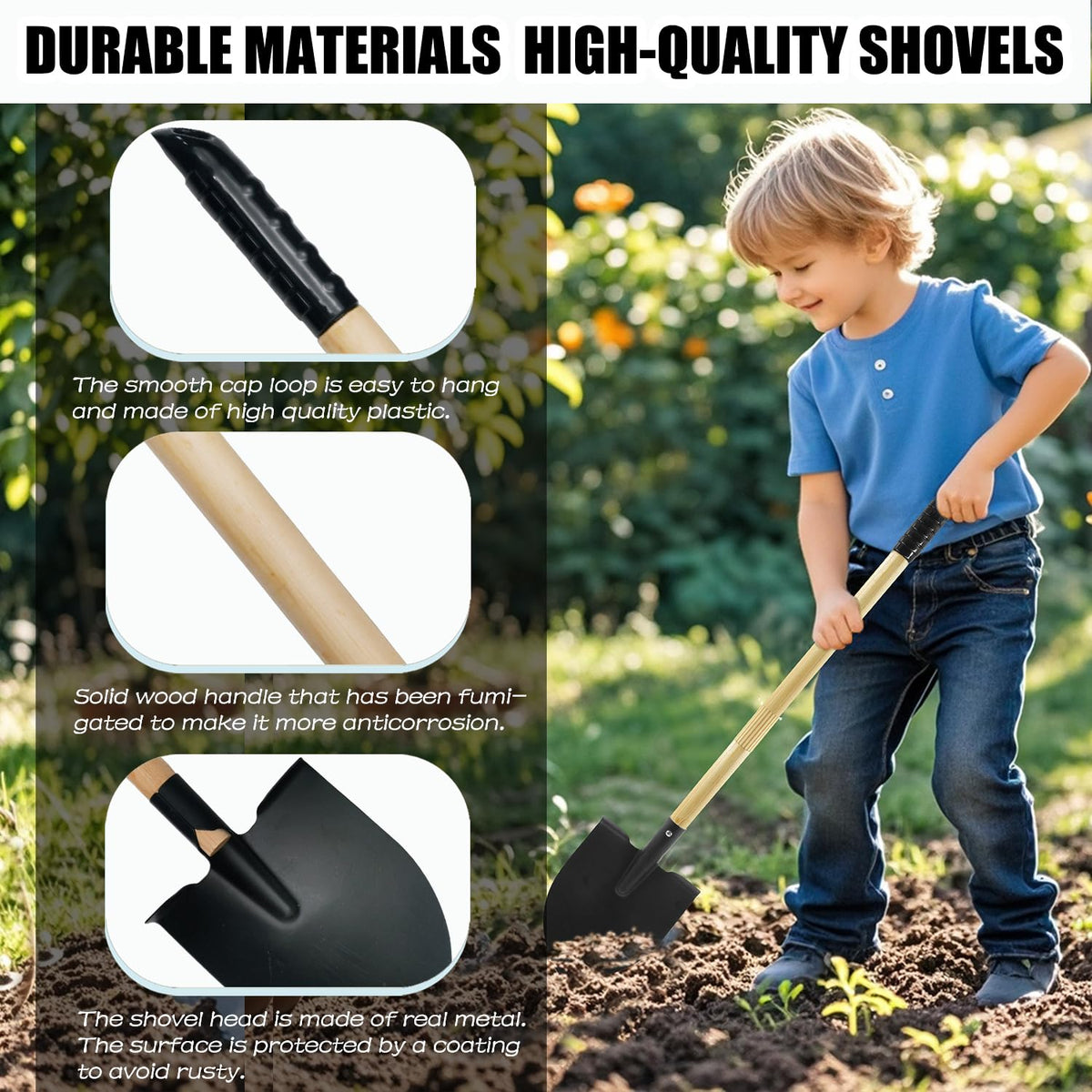 POMIKU garden tools with durable metal heads and wooden handles for lasting outdoor use.