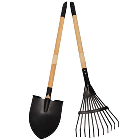 POMIKU kids rake and shovel set with metal heads and wooden handles for easy sand digging and play.