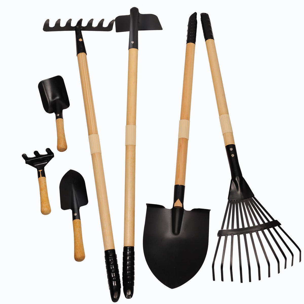 Pomiku kids rake and shovel long tools for sturdy soil digging.