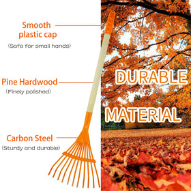 Pomiku Kids Rakes metal head and wood handle, sturdy for outdoor use.