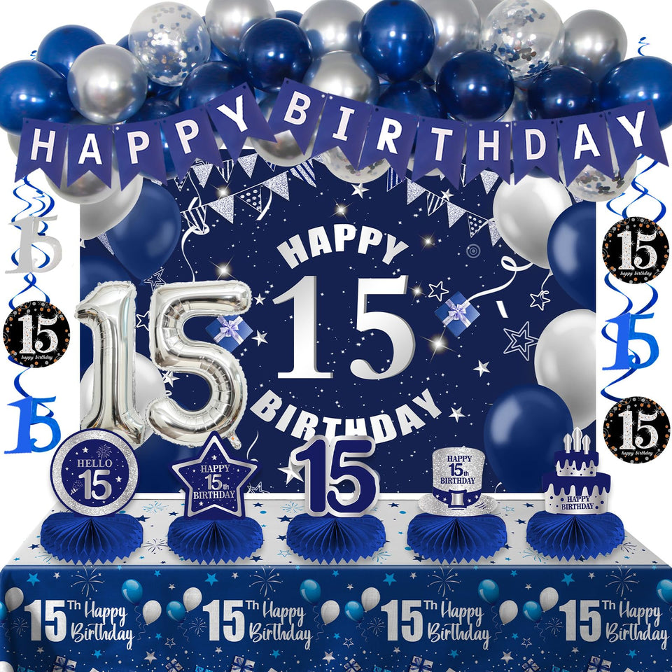 Pongime 15th birthday banner in blue and silver enhances the party backdrop.