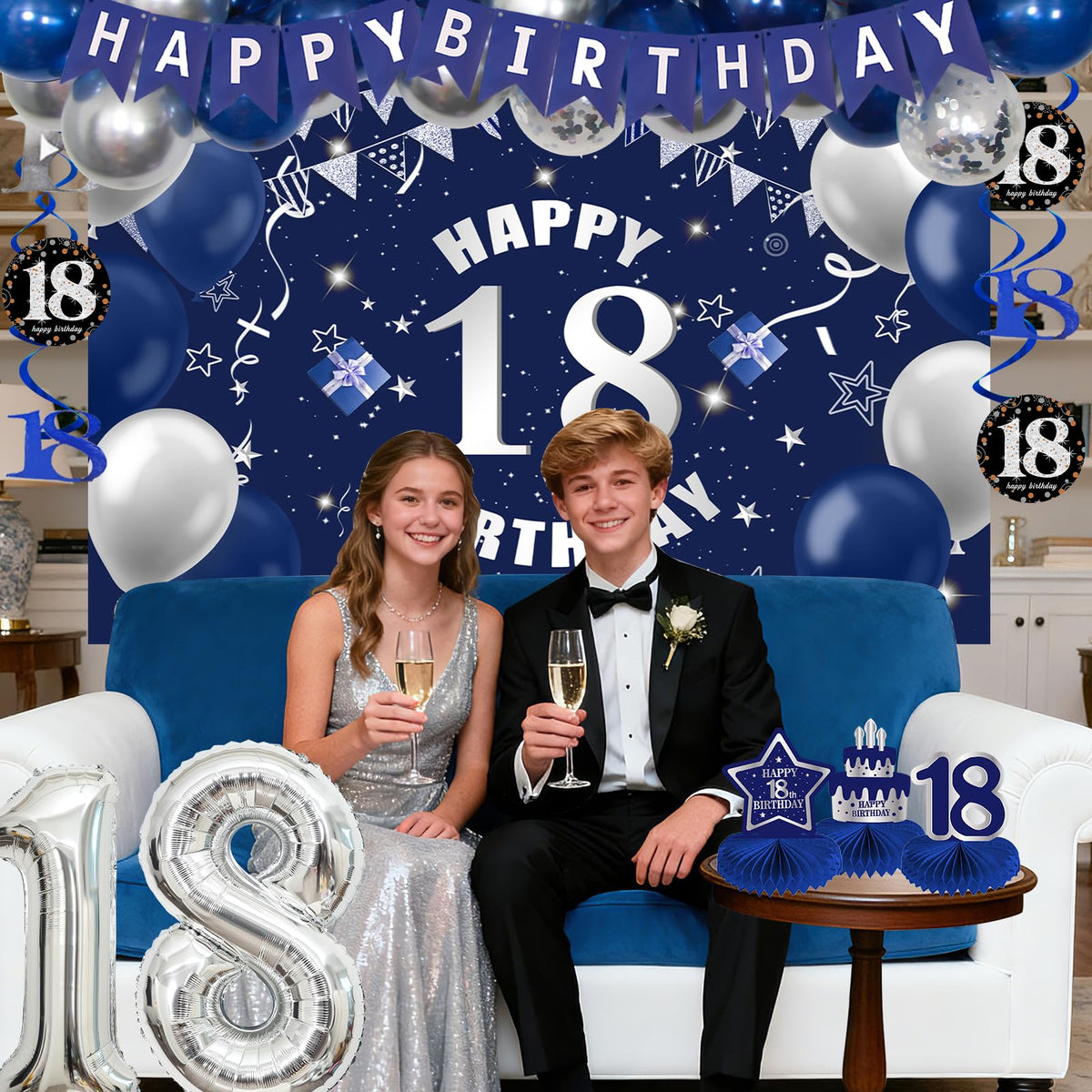 Pongime 18th silver number 18 balloon serves as bold centerpiece focal point.