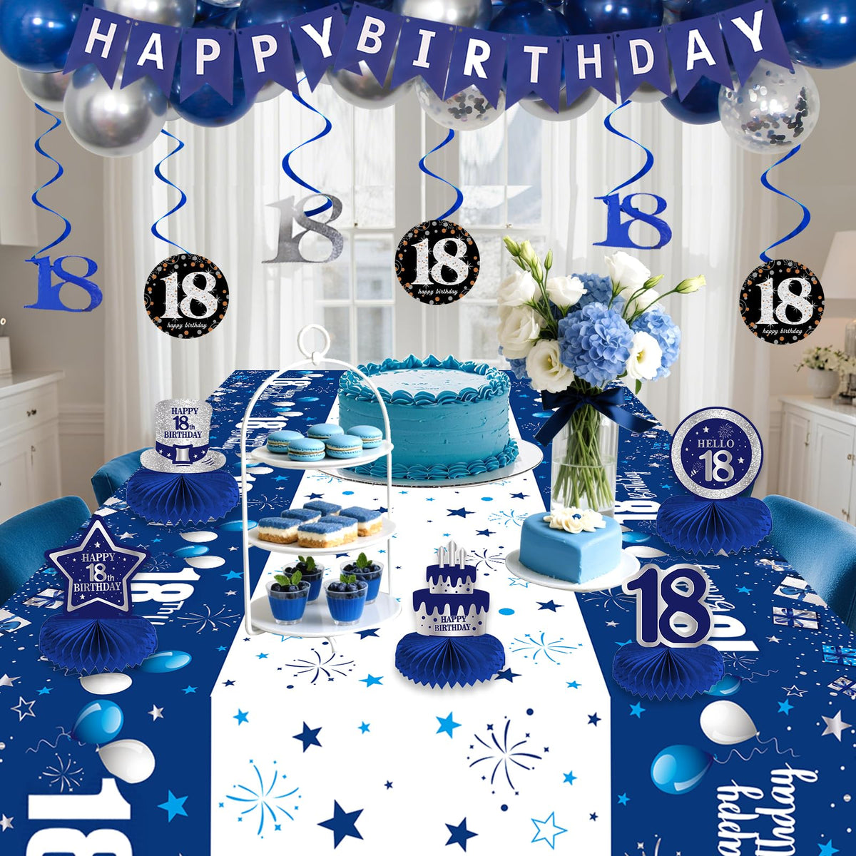 Pongime 18th tablecloth blue-silver coordinates the table decor.