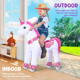 PonyCycle outdoor yard play featuring the pink unicorn ride-on.