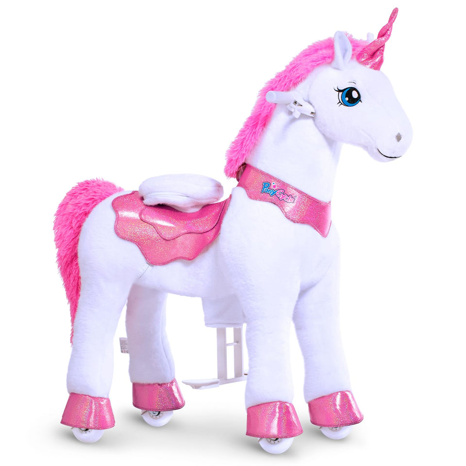 PonyCycle ride-on unicorn pink plush ready for kid-powered play indoors or outdoors.