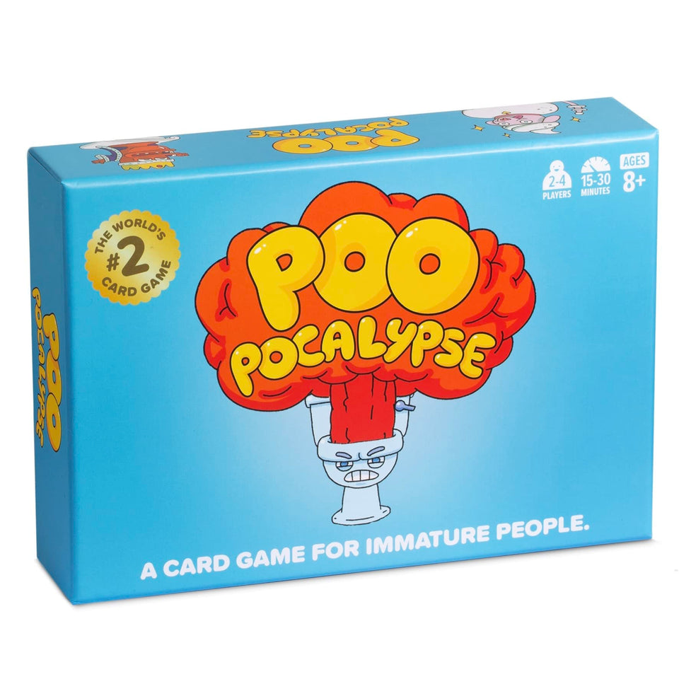 Poo Pocalypse card deck on table for easy, hilarious family game night.