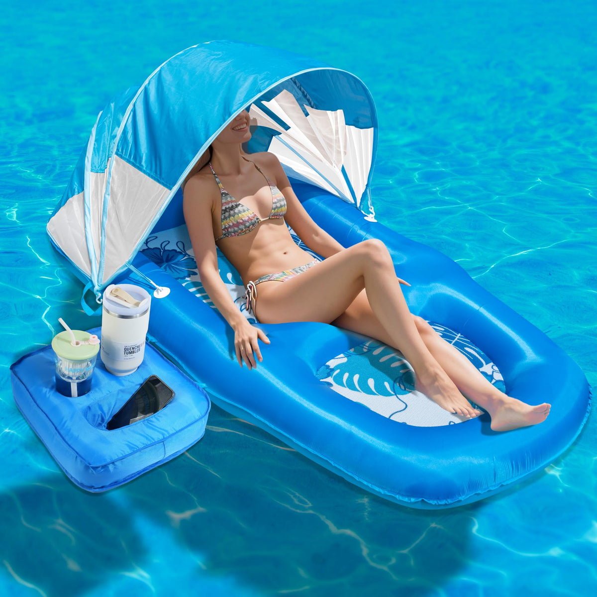 POOLACC fabric-covered pool lounger blue, top view for poolside comfort