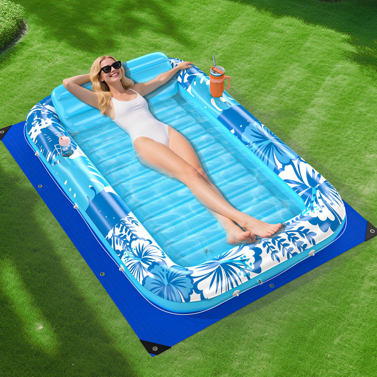 POOLACC inflatable tanning lounger with protection mat for puncture defense